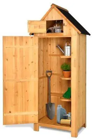 VINGLI Outdoor Wooden Storage Shed, Garden Shed Outside Tool Cabinet with Safety Latch, Patio Storage Organizer (Teak) VINGLI Outdoor Wooden Storage Shed, Garden Shed Outside Tool Cabinet with Safety Latch, Patio Storage Organizer (Teak)
