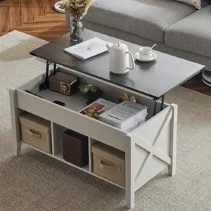 VINGLI Farmhouse Lift Top Coffee Table, Rustic Grey with Storage Shelf/Hidden Compartment, Mesa De Centro para Sala, Rustic Brown (White Charcoal, 40" L) VINGLI Farmhouse Lift Top Coffee Table, Rustic Grey with Storage Shelf/Hidden Compartment, Mesa De Centro para Sala, Rustic Brown (White Charcoal, 40" L)