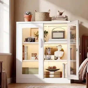 VINGLI Lockable Display Cabinet with Glass Door & 3 Shelves, 35.5" H Metal Storage Cabinet Curio Liquor, Bookshelf Bookcase for Home Office Living Room Pantry Garage (White) VINGLI Lockable Display Cabinet with Glass Door & 3 Shelves, 35.5" H Metal Storage Cabinet Curio Liquor, Bookshelf Bookcase for Home Office Living Room Pantry Garage (White)