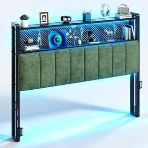 VINGLI Chenille Green Upholstered Bookcase Headboard Only Full Size Height Adjustable Headboard with 2 Tier Shelves, LED Lights and Charging Station for Bed, Bedside Storage VINGLI Chenille Green Upholstered Bookcase Headboard Only Full Size Height Adjustable Headboard with 2 Tier Shelves, LED Lights and Charging Station for Bed, Bedside Storage