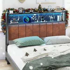 VINGLI Full Size Headboard for Bed with Storage, Upholstered Head Board with Charging Stations and LED Light, 2 Tier Shelves and Pegboard,Height Adjustable,Industrial Brown VINGLI Full Size Headboard for Bed with Storage, Upholstered Head Board with Charging Stations and LED Light, 2 Tier Shelves and Pegboard,Height Adjustable,Industrial Brown