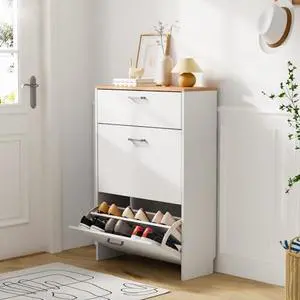 VINGLI Shoe Cabinet Storage for Entryway Ultra Slim with 2 Flip &1Drop-Down Drawers, 24.8" W Narrow Shoe Cabinet for Front Door Entrance,Freestanding Modern White Wood Shoes Organizer for Hallway VINGLI Shoe Cabinet Storage for Entryway Ultra Slim with 2 Flip &1Drop-Down Drawers, 24.8" W Narrow Shoe Cabinet for Front Door Entrance,Freestanding Modern White Wood Shoes Organizer for Hallway