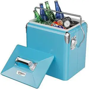 VINGLI 14qt Small Insulated Portable Cooler, Retro Vintage Classic Style Hard Metal Cooler for Barbeques, Camping, Fishing and Picnics VINGLI 14qt Small Insulated Portable Cooler, Retro Vintage Classic Style Hard Metal Cooler for Barbeques, Camping, Fishing and Picnics