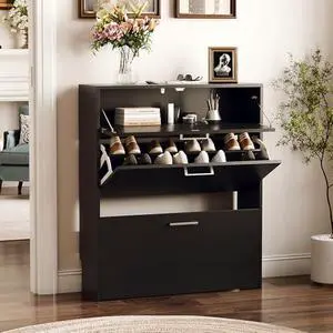 VINGLI Black Shoe Cabinet for Entryway, Modern Slim Shoe Rack Storage with 3 Flip Drawers, Narrow Free Standing Sneaker Organizer for Hallway, 9.5" Depth, Matte Black Finish VINGLI Black Shoe Cabinet for Entryway, Modern Slim Shoe Rack Storage with 3 Flip Drawers, Narrow Free Standing Sneaker Organizer for Hallway, 9.5" Depth, Matte Black Finish