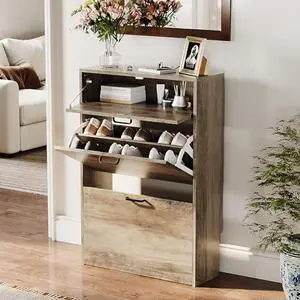 VINGLI Shoe Cabinet Storage for Entryway Ultra Slim with 2 Flip &1Drop-Down Drawers, 24.8" W Narrow Shoe Cabinet for Front Door Entrance,Freestanding Washed Gray Wood Shoes Organizer for Hallway VINGLI Shoe Cabinet Storage for Entryway Ultra Slim with 2 Flip &1Drop-Down Drawers, 24.8" W Narrow Shoe Cabinet for Front Door Entrance,Freestanding Washed Gray Wood Shoes Organizer for Hallway