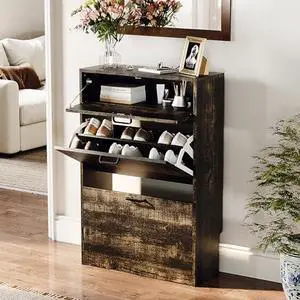VINGLI Shoe Cabinet Storage for Entryway Ultra Slim with 2 Flip &1Drop-Down Drawers, 24.8" W Narrow Shoe Cabinet for Front Door Entrance,Freestanding Dark Rustic Oak Wood Shoes Organizer for Hallway VINGLI Shoe Cabinet Storage for Entryway Ultra Slim with 2 Flip &1Drop-Down Drawers, 24.8" W Narrow Shoe Cabinet for Front Door Entrance,Freestanding Dark Rustic Oak Wood Shoes Organizer for Hallway