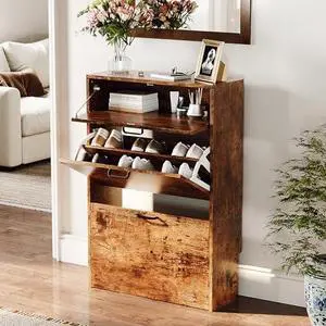 VINGLI Shoe Cabinet Storage for Entryway Ultra Slim with 2 Flip &1Drop-Down Drawers, 24.8" W Narrow Shoe Cabinet for Front Door Entrance,Freestanding Rustic Brown Wood Shoes Organizer for Hallway VINGLI Shoe Cabinet Storage for Entryway Ultra Slim with 2 Flip &1Drop-Down Drawers, 24.8" W Narrow Shoe Cabinet for Front Door Entrance,Freestanding Rustic Brown Wood Shoes Organizer for Hallway