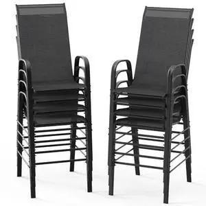 VINGLI Outdoor Bar Chairs Set of 8 Stackable Outdoor Bar Stools with Sturdy Sling High Back and Armrests for Lawn, Courtyard, Garden, Bar, Black VINGLI Outdoor Bar Chairs Set of 8 Stackable Outdoor Bar Stools with Sturdy Sling High Back and Armrests for Lawn, Courtyard, Garden, Bar, Black