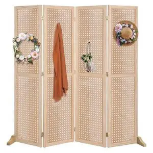 Bonnlo 4 Panel Pegboard Freestanding, 5 FT Portable Display Board Organizer for Craft Show Jewelry, Wooden Folding Privacy Screen Room Divider (with Base, Natural) Bonnlo 4 Panel Pegboard Freestanding, 5 FT Portable Display Board Organizer for Craft Show Jewelry, Wooden Folding Privacy Screen Room Divider (with Base, Natural)