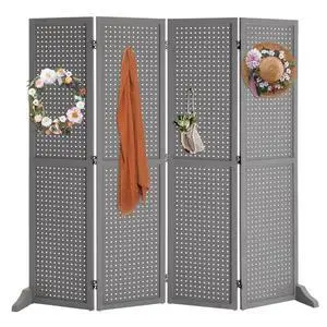 Bonnlo 4 Panel Pegboard Freestanding, 5 FT Portable Display Board Organizer for Craft Show Jewelry, Wooden Folding Privacy Screen Room Divider (with Base, Grey) Bonnlo 4 Panel Pegboard Freestanding, 5 FT Portable Display Board Organizer for Craft Show Jewelry, Wooden Folding Privacy Screen Room Divider (with Base, Grey)