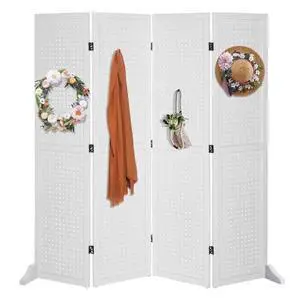 Bonnlo 4 Panel Pegboard Freestanding, 5 FT Portable Display Board Organizer for Craft Show Jewelry, Wooden Folding Privacy Screen Room Divider (with Base, White) Bonnlo 4 Panel Pegboard Freestanding, 5 FT Portable Display Board Organizer for Craft Show Jewelry, Wooden Folding Privacy Screen Room Divider (with Base, White)