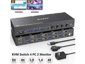 Displayport KVM Switch 4 Computer 2 Monitors, Dual Monitors Displayport USB 3.0 KVM Switcher, Supports 8K@30Hz 4K@60Hz for 4 DP Computers Share 2 DP Monitors, Keyboard and Mouse Displayport KVM Switch 4 Computer 2 Monitors, Dual Monitors Displayport USB 3.0 KVM Switcher, Supports 8K@30Hz 4K@60Hz for 4 DP Computers Share 2 DP Monitors, Keyboard and Mouse