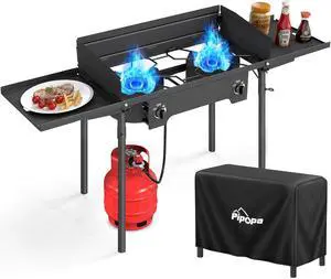 2 Burner Propane Camp Stove | 150,000 BTU Gas Burners | Side Shelves | Windscreen | Waterproof Cover | Detachable Legs | Ideal for Camping Backyard Outdoor Cooking 2 Burner Propane Camp Stove | 150,000 BTU Gas Burners | Side Shelves | Windscreen | Waterproof Cover | Detachable Legs | Ideal for Camping Backyard Outdoor Cooking