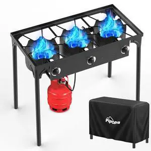 3 Burner Propane Gas Stove | Waterproof Cover | 225,000 BTU High Pressure Outdoor Cooker | Detachable Legs | 20 PSI Regulator | Ideal for Camping, Tailgating & Backyard Outdoor Cooking 3 Burner Propane Gas Stove | Waterproof Cover | 225,000 BTU High Pressure Outdoor Cooker | Detachable Legs | 20 PSI Regulator | Ideal for Camping, Tailgating & Backyard Outdoor Cooking