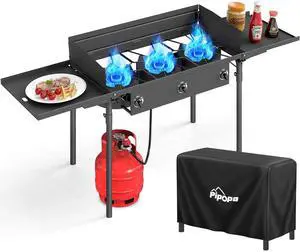 3 Burner Propane Camp Stove | 225,000 BTU Gas Burners | Side Shelves | Windscreen | Waterproof Cover | Detachable Legs | Ideal for Camping Backyard Outdoor Cooking 3 Burner Propane Camp Stove | 225,000 BTU Gas Burners | Side Shelves | Windscreen | Waterproof Cover | Detachable Legs | Ideal for Camping Backyard Outdoor Cooking