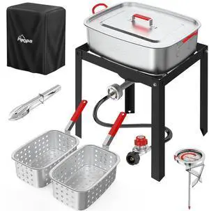 18QT Outdoor Propane Fish Fryer | 50,000 BTU Propane Deep Fryer | Includes 2 Baskets | Lid | Cover | 9" Fryer Tong & 6" Thermometer | Perfect for Cooking Fish, Chicken Wings, and Fries 18QT Outdoor Propane Fish Fryer | 50,000 BTU Propane Deep Fryer | Includes 2 Baskets | Lid | Cover | 9" Fryer Tong & 6" Thermometer | Perfect for Cooking Fish, Chicken Wings, and Fries