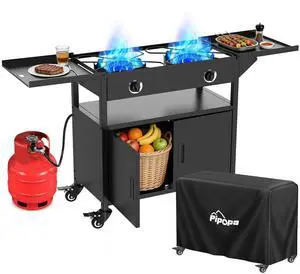 2 Burner Propane Camp Stove with 4 Wheels| 150,000 BTU Gas Burners| Side Shelves with Storage Cabinet | 300Lbs| Waterproof Cover| Easy to move&Outside-in Assembly| for Camping Backyard Outdoor Cooking 2 Burner Propane Camp Stove with 4 Wheels| 150,000 BTU Gas Burners| Side Shelves with Storage Cabinet | 300Lbs| Waterproof Cover| Easy to move&Outside-in Assembly| for Camping Backyard Outdoor Cooking