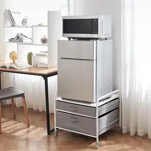 Mini-Fridge Stand on Wheels - Supreme Organization - White Metal Frame with Gray Drawers Mini-Fridge Stand on Wheels - Supreme Organization - White Metal Frame with Gray Drawers