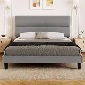 Queen Size Platform Bed Frame with Velvet Headboard, Adjustable Height Wooden Slats Support, Upholstered Mattress Foundation, Fits Mattress or Mattress with Box Spring, Easy Assembly, Grey Queen Size Platform Bed Frame with Velvet Headboard, Adjustable Height Wooden Slats Support, Upholstered Mattress Foundation, Fits Mattress or Mattress with Box Spring, Easy Assembly, Grey