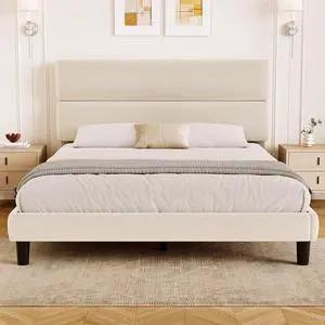 Queen Size Platform Bed Frame with Velvet Headboard, Adjustable Height Wooden Slats Support, Upholstered Mattress Foundation, Fits Mattress or Mattress with Box Spring, Easy Assembly, Beige Queen Size Platform Bed Frame with Velvet Headboard, Adjustable Height Wooden Slats Support, Upholstered Mattress Foundation, Fits Mattress or Mattress with Box Spring, Easy Assembly, Beige