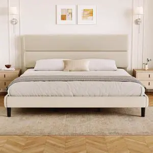 King Size Platform Bed Frame with Velvet Headboard, Adjustable Height Wooden Slats Support, Upholstered Mattress Foundation, Fits Mattress or Mattress with Box Spring, Easy Assembly, Beige King Size Platform Bed Frame with Velvet Headboard, Adjustable Height Wooden Slats Support, Upholstered Mattress Foundation, Fits Mattress or Mattress with Box Spring, Easy Assembly, Beige