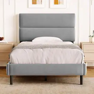 Twin Size Platform Bed Frame with Velvet Headboard, Adjustable Height Wooden Slats Support, Upholstered Mattress Foundation, Fits Mattress or Mattress with Box Spring, Easy Assembly, Grey Twin Size Platform Bed Frame with Velvet Headboard, Adjustable Height Wooden Slats Support, Upholstered Mattress Foundation, Fits Mattress or Mattress with Box Spring, Easy Assembly, Grey