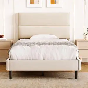 Twin Size Platform Bed Frame with Velvet Headboard, Adjustable Height Wooden Slats Support, Upholstered Mattress Foundation, Fits Mattress or Mattress with Box Spring, Easy Assembly, Beige Twin Size Platform Bed Frame with Velvet Headboard, Adjustable Height Wooden Slats Support, Upholstered Mattress Foundation, Fits Mattress or Mattress with Box Spring, Easy Assembly, Beige