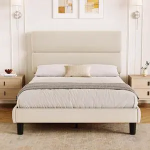 Full Size Platform Bed Frame with Velvet Headboard, Adjustable Height Wooden Slats Support, Upholstered Mattress Foundation, Fits Mattress or Mattress with Box Spring, Easy Assembly, Beige Full Size Platform Bed Frame with Velvet Headboard, Adjustable Height Wooden Slats Support, Upholstered Mattress Foundation, Fits Mattress or Mattress with Box Spring, Easy Assembly, Beige