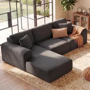 107'' Cloud Sectional Boneless Couches for Living Room, Modular L Shaped Couch with Deep Seat Oversized Left Facing Chaise, Memory Foam Compressed Spineless 3 Seater Sofa, Wide-Striped Grey 107'' Cloud Sectional Boneless Couches for Living Room, Modular L Shaped Couch with Deep Seat Oversized Left Facing Chaise, Memory Foam Compressed Spineless 3 Seater Sofa, Wide-Striped Grey