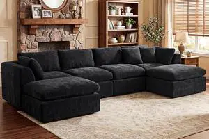 141'' Oversized Boneless Cloud Couch for Living Room, Modern Big Sectional Compressed U Shape Couch with 2 Ottoman, Comfy Chenille Deep Seat Memory Foam Spineless 6 Seater Sofa,Black 141'' Oversized Boneless Cloud Couch for Living Room, Modern Big Sectional Compressed U Shape Couch with 2 Ottoman, Comfy Chenille Deep Seat Memory Foam Spineless 6 Seater Sofa,Black