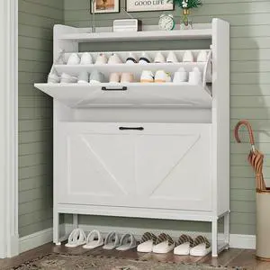 Shoe Cabinet, Shoe Storage Cabinet with 2 Flip Drawers & Adjustable Shelf, Space-Saving Shoe Organizer Holds 16+ Pairs, Narrow Shoe Cabinet Storage for Entryway/HallwayWhite Shoe Cabinet, Shoe Storage Cabinet with 2 Flip Drawers & Adjustable Shelf, Space-Saving Shoe Organizer Holds 16+ Pairs, Narrow Shoe Cabinet Storage for Entryway/HallwayWhite