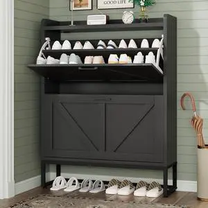 Shoe Cabinet, Shoe Storage Cabinet with 2 Flip Drawers & Adjustable Shelf, Space-Saving Shoe Organizer Holds 16+ Pairs, Narrow Shoe Cabinet Storage for Entryway/HallwayBlack Shoe Cabinet, Shoe Storage Cabinet with 2 Flip Drawers & Adjustable Shelf, Space-Saving Shoe Organizer Holds 16+ Pairs, Narrow Shoe Cabinet Storage for Entryway/HallwayBlack