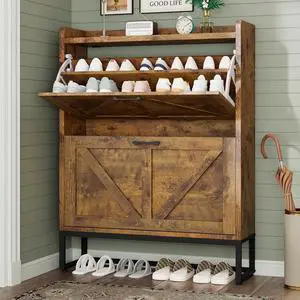 Shoe Cabinet, Shoe Storage Cabinet with 2 Flip Drawers & Adjustable Shelf, Space-Saving Shoe Organizer Holds 16+ Pairs, Narrow Shoe Cabinet Storage for Entryway/HallwayBrown Shoe Cabinet, Shoe Storage Cabinet with 2 Flip Drawers & Adjustable Shelf, Space-Saving Shoe Organizer Holds 16+ Pairs, Narrow Shoe Cabinet Storage for Entryway/HallwayBrown