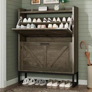 Shoe Cabinet, Shoe Storage Cabinet with 2 Flip Drawers & Adjustable Shelf, Space-Saving Shoe Organizer Holds 16+ Pairs, Narrow Shoe Cabinet Storage for Entryway/HallwayGrey Shoe Cabinet, Shoe Storage Cabinet with 2 Flip Drawers & Adjustable Shelf, Space-Saving Shoe Organizer Holds 16+ Pairs, Narrow Shoe Cabinet Storage for Entryway/HallwayGrey