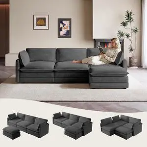 104'' Modular Sectional Cloud Couch with Movable Ottoman, 4 Seat Modern Corduroy Sofa, Deep Seat L Shaped Couch for Living Room Bedroom Apartment, Dark Grey 104'' Modular Sectional Cloud Couch with Movable Ottoman, 4 Seat Modern Corduroy Sofa, Deep Seat L Shaped Couch for Living Room Bedroom Apartment, Dark Grey