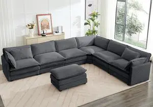 150'' Modular Sectional Corner Cloud Couch, 7 Seater Sofa Big Comfy Corduroy V Shaped Couch with 4 Throw Pillows, Movable Ottoman, Couches for Living Room Office Dark Grey 150'' Modular Sectional Corner Cloud Couch, 7 Seater Sofa Big Comfy Corduroy V Shaped Couch with 4 Throw Pillows, Movable Ottoman, Couches for Living Room Office Dark Grey