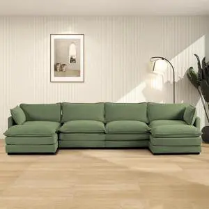 148'' Sectional Cloud Couch with 2 Ottomans, Oversized 4 Seat Sleeper Sofa with 2 Throw Pillows, Convertible Upholstered U Shaped Cozy Sofa Furniture Set for Living Room and Office, Green 148'' Sectional Cloud Couch with 2 Ottomans, Oversized 4 Seat Sleeper Sofa with 2 Throw Pillows, Convertible Upholstered U Shaped Cozy Sofa Furniture Set for Living Room and Office, Green