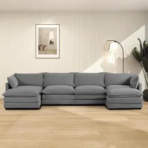 148'' Sectional Cloud Couch with 2 Ottomans, Oversized 4 Seat Sleeper Sofa with 2 Throw Pillows, Convertible Upholstered U Shaped Cozy Sofa Furniture Set for Living Room and Office, Dark Grey 148'' Sectional Cloud Couch with 2 Ottomans, Oversized 4 Seat Sleeper Sofa with 2 Throw Pillows, Convertible Upholstered U Shaped Cozy Sofa Furniture Set for Living Room and Office, Dark Grey