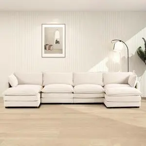 148'' Sectional Cloud Couch with 2 Ottomans, Oversized 4 Seat Sleeper Sofa with 2 Throw Pillows, Convertible Upholstered U Shaped Cozy Sofa Furniture Set for Living Room and Office, Beige 148'' Sectional Cloud Couch with 2 Ottomans, Oversized 4 Seat Sleeper Sofa with 2 Throw Pillows, Convertible Upholstered U Shaped Cozy Sofa Furniture Set for Living Room and Office, Beige