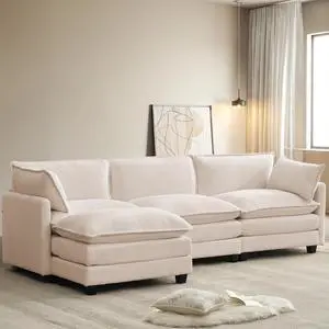 112'' Modular Sectional Cloud Couch with Movable Ottoman, 4 Seat Modern Chenille Sofa with 2 Throw Pillows, Deep Seat L Shaped Couch for Living Room Bedroom Apartment, Beige 112'' Modular Sectional Cloud Couch with Movable Ottoman, 4 Seat Modern Chenille Sofa with 2 Throw Pillows, Deep Seat L Shaped Couch for Living Room Bedroom Apartment, Beige