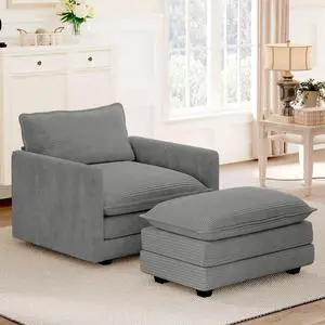 Single Armchair with Ottoman, Modern Corduroy Cloud Couch with Convertible Chaise, Upholstered Sofa Set for Living Room and Office, Dark Grey Single Armchair with Ottoman, Modern Corduroy Cloud Couch with Convertible Chaise, Upholstered Sofa Set for Living Room and Office, Dark Grey