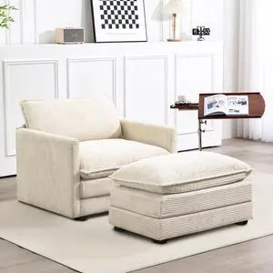 Single Armchair with Ottoman, Modern Corduroy Cloud Couch with Convertible Chaise, Upholstered Sofa Set for Living Room, Beige Single Armchair with Ottoman, Modern Corduroy Cloud Couch with Convertible Chaise, Upholstered Sofa Set for Living Room, Beige