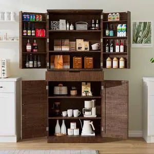 72" Kitchen Pantry Storage Cabinet with Doors and Shelves, Wood Farmhouse Pantry Storage with Barn Doors for Kitchen, Dining Room, Living Room, Dark Brown 72" Kitchen Pantry Storage Cabinet with Doors and Shelves, Wood Farmhouse Pantry Storage with Barn Doors for Kitchen, Dining Room, Living Room, Dark Brown