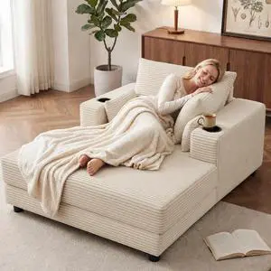 64" Chaise Lounge Chair Indoor, Oversized Sleeper Chair with Wood Frame, Corduroy Bedroom Couch, Reading Chair for Living Room, Deep Seat Sofa Bed with 2 Cup Holders 64" Chaise Lounge Chair Indoor, Oversized Sleeper Chair with Wood Frame, Corduroy Bedroom Couch, Reading Chair for Living Room, Deep Seat Sofa Bed with 2 Cup Holders