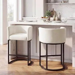 Chenille Counter Height Bar Stools Set of 2, 26" Kitchen Island Stools with Arms & Footrest, Upholstered Barrel Back Bar Chairs for Kitchen Dining Room, Bar & Lounge Area, Off-White Chenille Counter Height Bar Stools Set of 2, 26" Kitchen Island Stools with Arms & Footrest, Upholstered Barrel Back Bar Chairs for Kitchen Dining Room, Bar & Lounge Area, Off-White