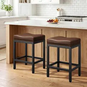 24 Inch Bar Stools Set of 2, Counter Height PU Leather Kitchen Chairs with Footrest & Metal Legs, Modern Backless Saddle Stools for Island, Dining, Space-Saving, Brown 24 Inch Bar Stools Set of 2, Counter Height PU Leather Kitchen Chairs with Footrest & Metal Legs, Modern Backless Saddle Stools for Island, Dining, Space-Saving, Brown