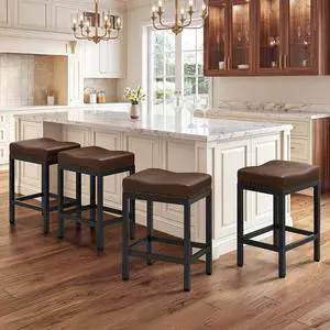 24 Inch Bar Stools Set of 4, Counter Height PU Leather Kitchen Chairs with Footrest & Metal Legs, Modern Backless Saddle Stools for Island, Dining, Space-Saving, Brown 24 Inch Bar Stools Set of 4, Counter Height PU Leather Kitchen Chairs with Footrest & Metal Legs, Modern Backless Saddle Stools for Island, Dining, Space-Saving, Brown