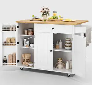 Kitchen Island with Storage, 41.7" Rolling Cart with Drop Leaf, Portable Island Table on Wheels, Spice Rack, Towel Rack and Drawer, White, 41.7" L x 29.5" W Kitchen Island with Storage, 41.7" Rolling Cart with Drop Leaf, Portable Island Table on Wheels, Spice Rack, Towel Rack and Drawer, White, 41.7" L x 29.5" W