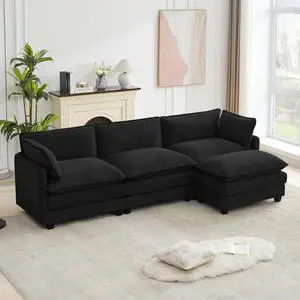 Oversized Modular Sectional Couch with Movable Ottoman, 112" Modern Convertible L Shaped Sofa Set, 4 Seat Comfy Cloud Couch with 2 Throw Pillows, for Living Room and Office, Chenille, Black Oversized Modular Sectional Couch with Movable Ottoman, 112" Modern Convertible L Shaped Sofa Set, 4 Seat Comfy Cloud Couch with 2 Throw Pillows, for Living Room and Office, Chenille, Black