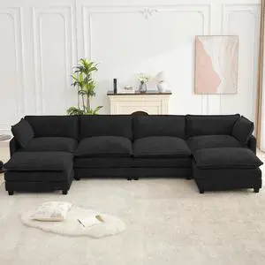 148" U-Shaped Cloud Couch for Living Room, Oversized Modern Modular Sectional Sofa with 2 Ottoman, Comfy 6-Seater Deep Seat couches with 2 Throw Pillow for Bedroom Apartment, Chenille Black | Breathab 148" U-Shaped Cloud Couch for Living Room, Oversized Modern Modular Sectional Sofa with 2 Ottoman, Comfy 6-Seater Deep Seat couches with 2 Throw Pillow for Bedroom Apartment, Chenille Black | Breathab
